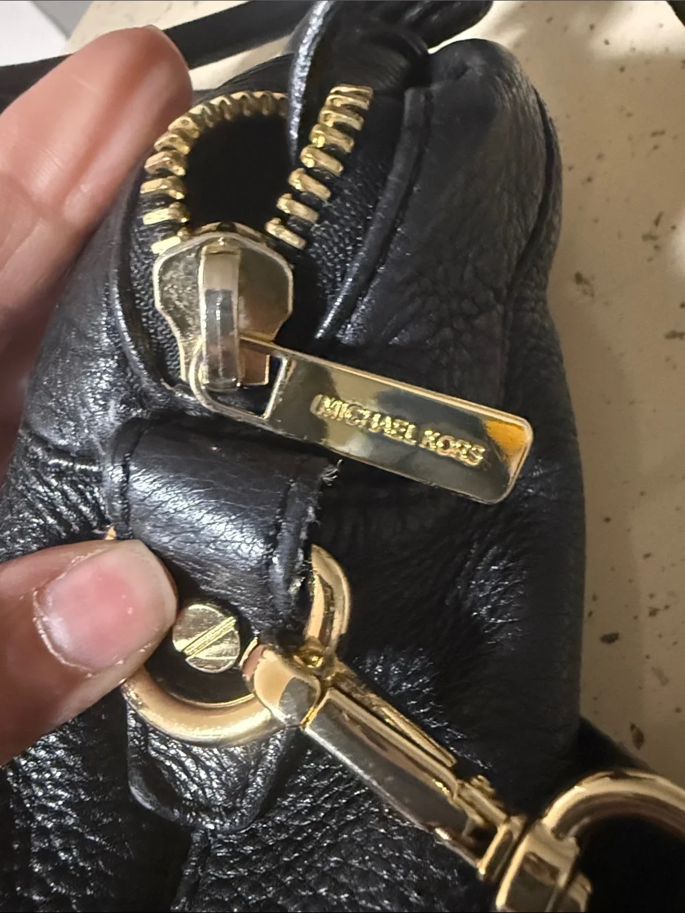 Michael Kors Black Pebbled Leather Shoulder Satchel with Gold Hardware